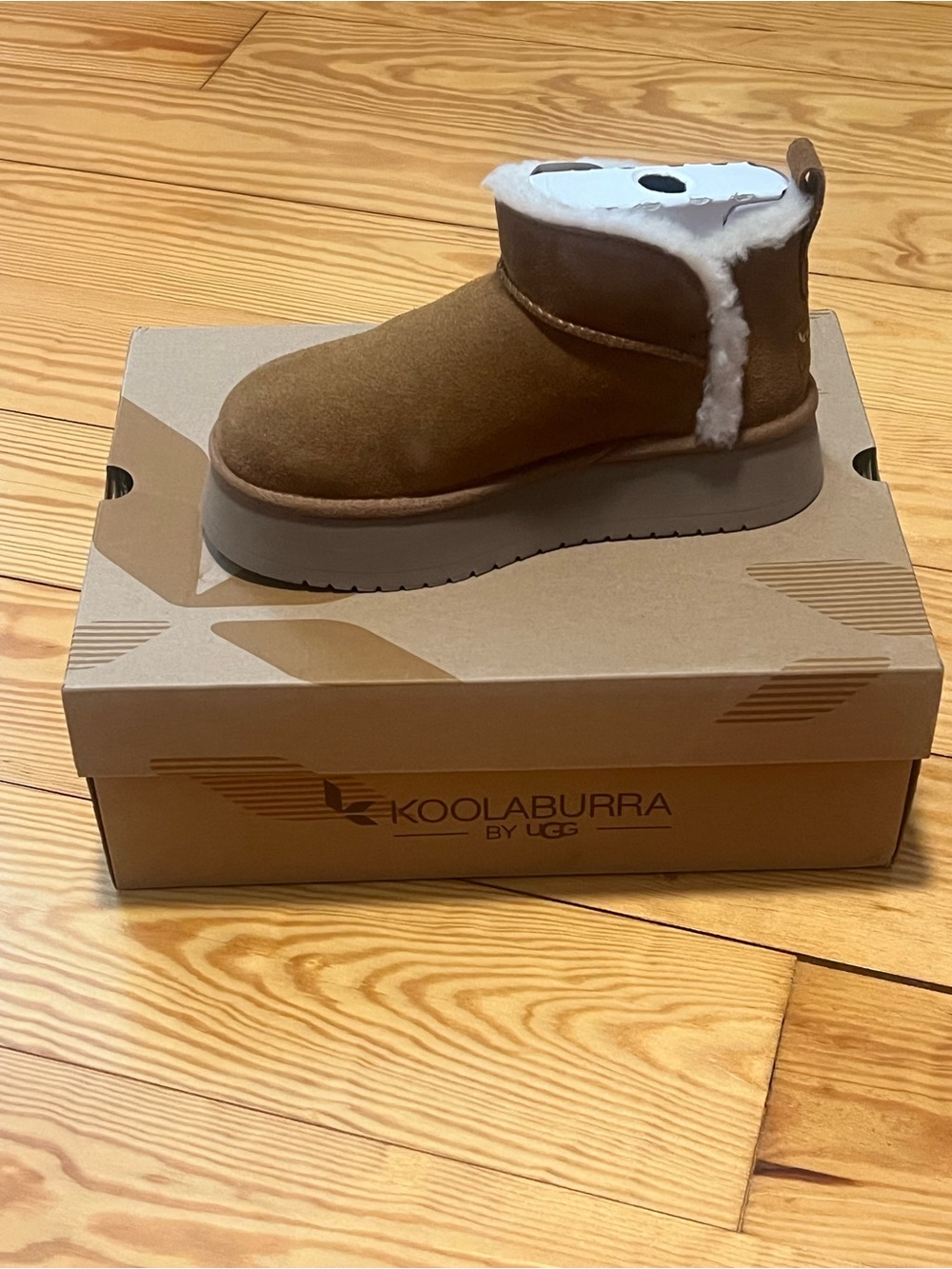 Koolaburra Chestnut Suede Ultra Mini Platform Boot with White Shearling